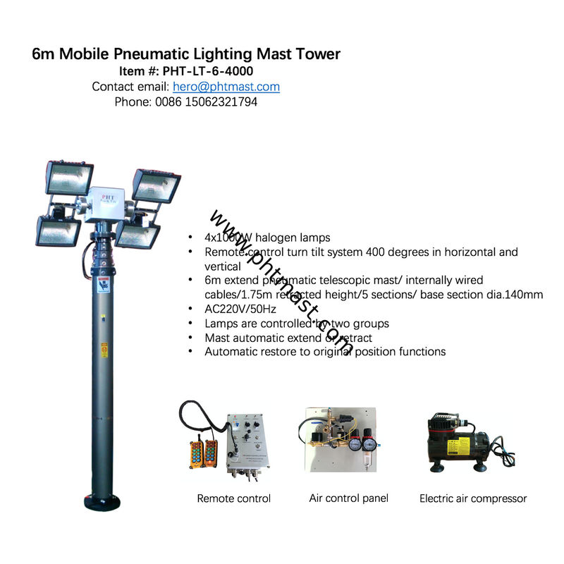 6m pneumatic telescopic lighting mast with 4000W lamps and remote turn tilt control system