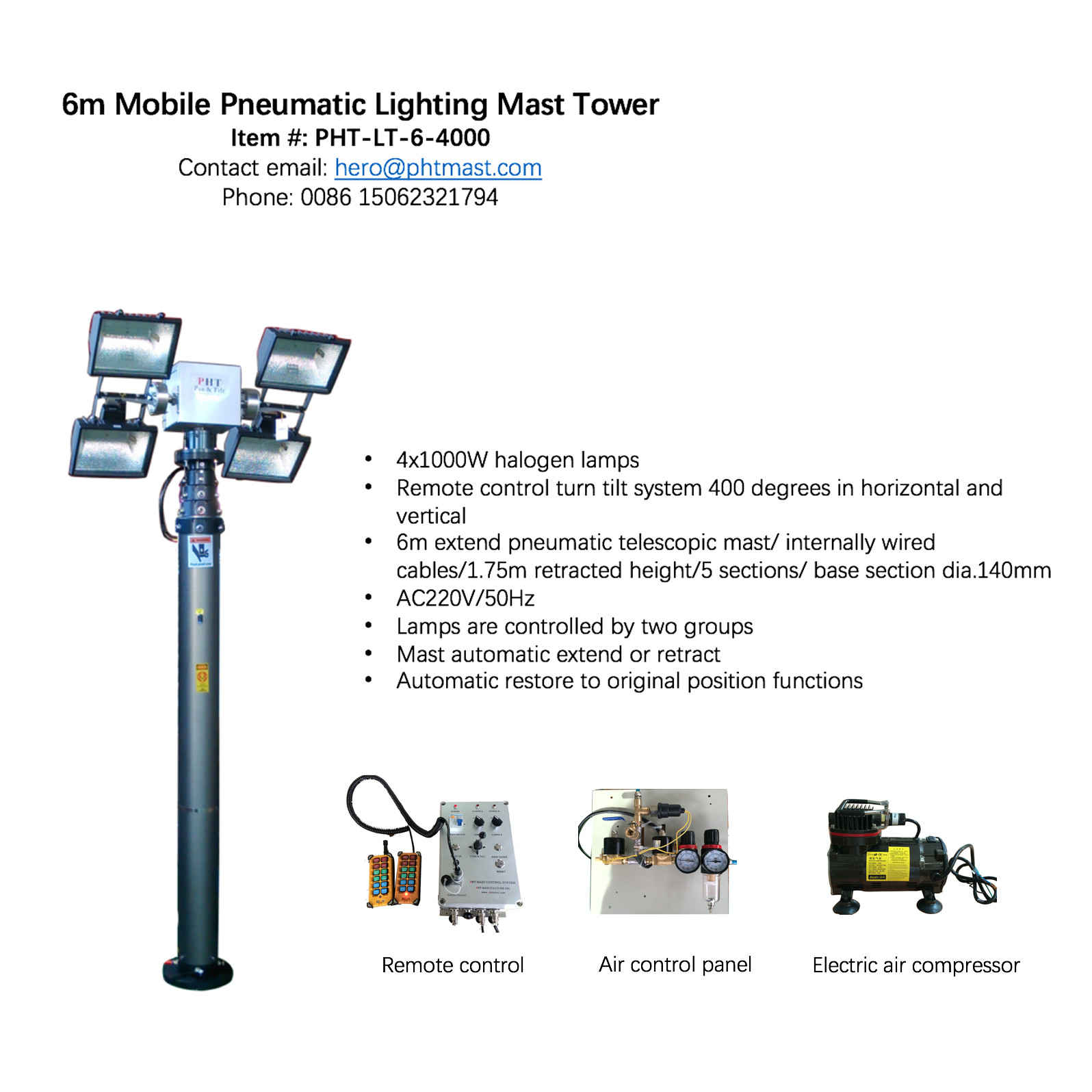 6m pneumatic telescopic lighting mast with 4000W lamps and remote turn tilt control system